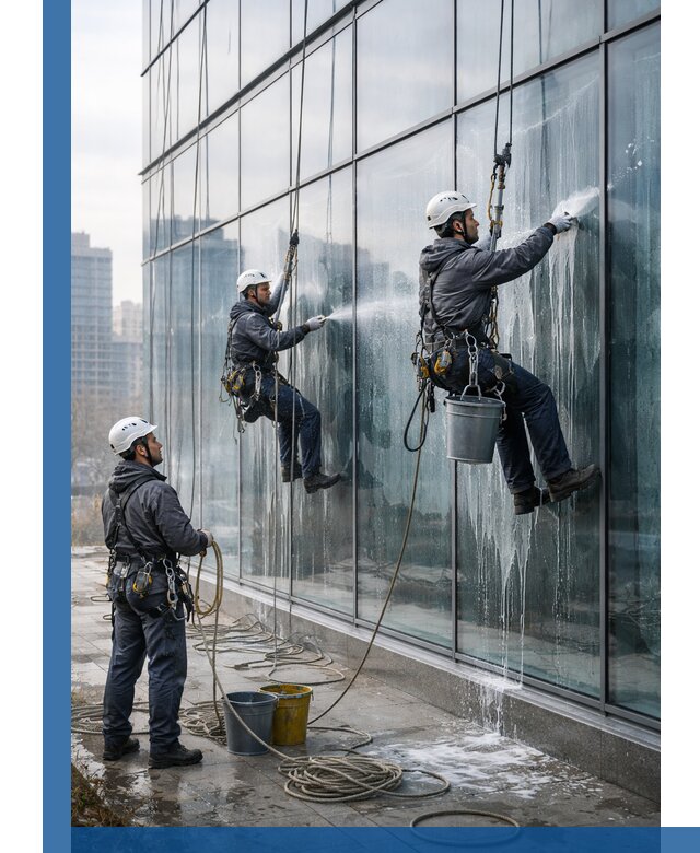 Промышленная мойка панорамных окон на высоте в Брянске