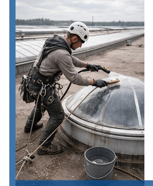 Мойка зенитных фонарей на кровле для промышленных объектов в Брянске