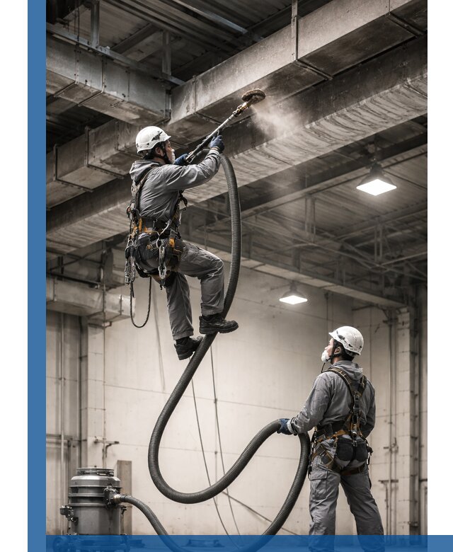 Обеспыливание потолочных конструкций в Брянске промышленным альпинизмом