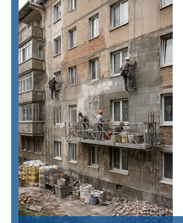 Капитальный ремонт фасада в Брянске с восстановлением и гидроизоляцией