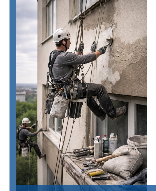 Косметический ремонт фасада зданий в Брянске промышленными альпинистами