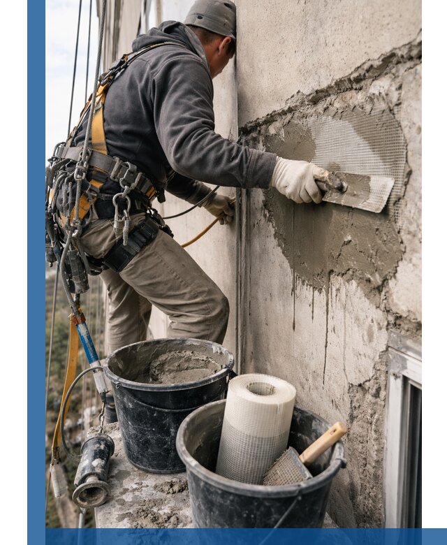 Ремонт бетонных элементов фасада промышленными альпинистами в Брянске