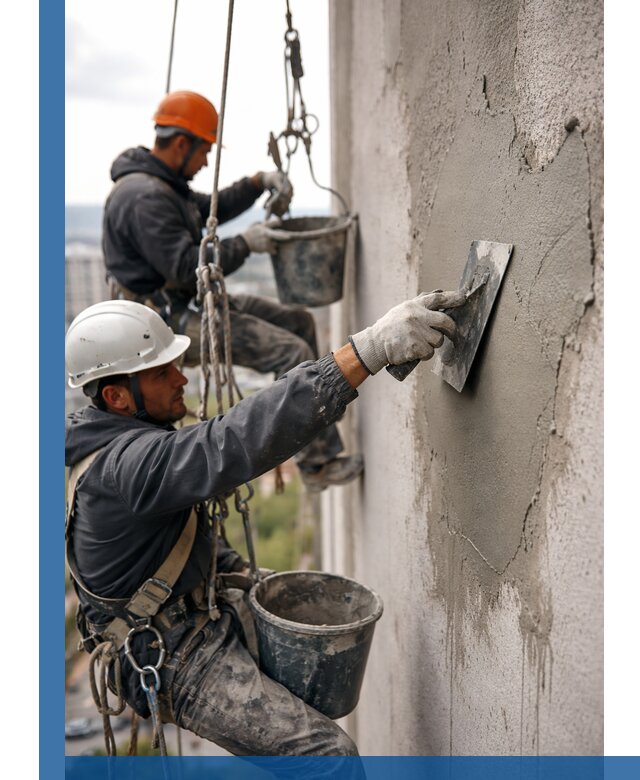 Штукатурка фасада на высоте в Брянске профессиональные работы