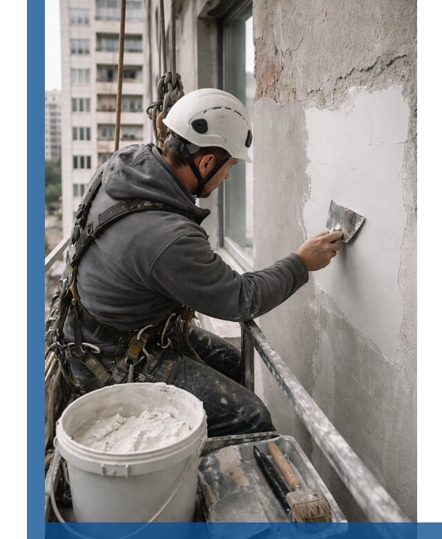 Шпаклевка фасадов на высоте с промальпинистами в Брянске