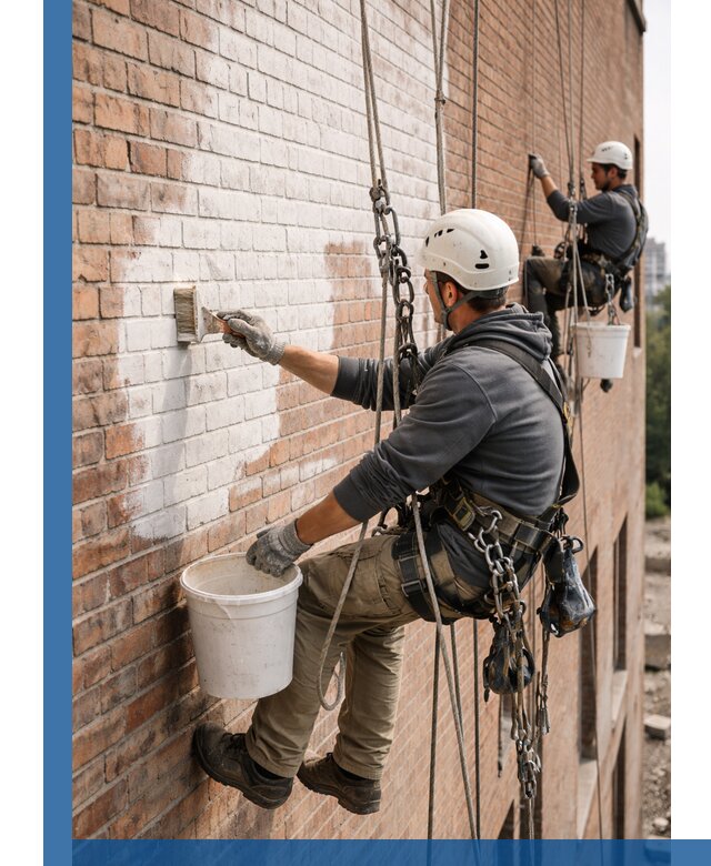 Покраска кирпичного фасада с доступным альпинистским сервисом в Брянске