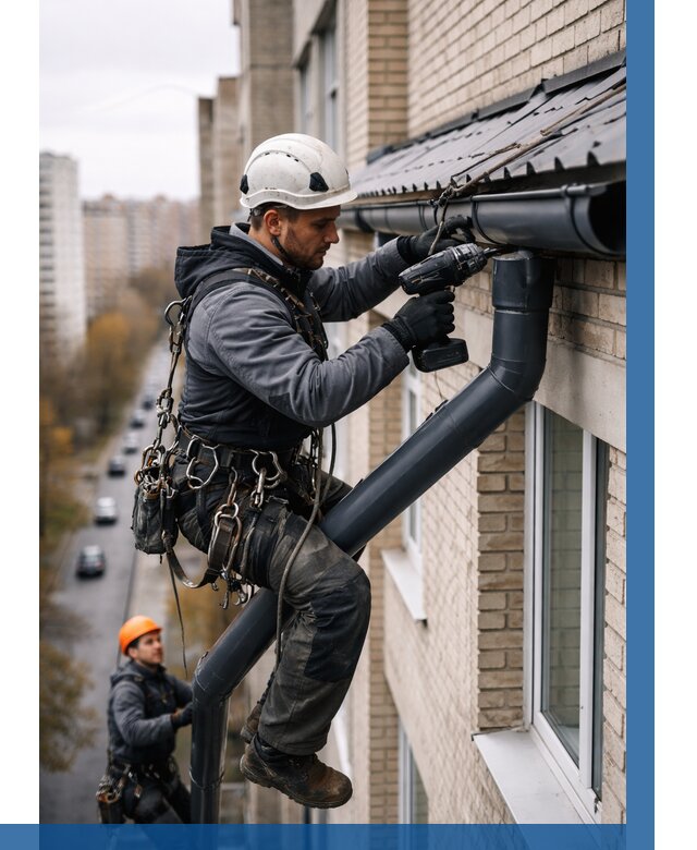 Монтаж водосточной системы на здании в Брянске от 5376 р. | ВЫСОТНИК-Бнк