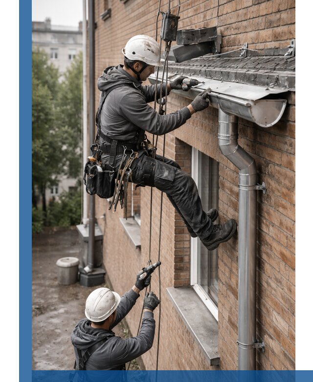 Монтаж водосточной системы на здании в Брянске под ключ