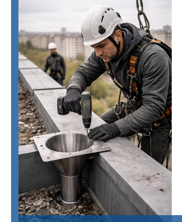 Монтаж водосточных воронок в Брянске для промышленных зданий