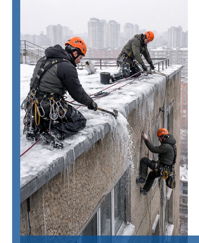 Удаление наледи с кровли в Брянске промышленными альпинистами