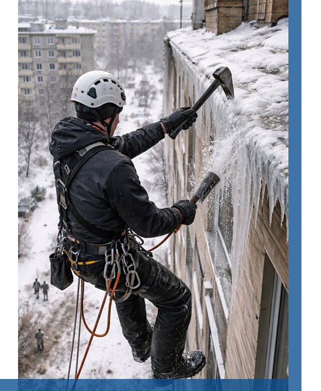 Сбивание сосулек с крыши в Брянске по цене от 4838 р. | ВЫСОТНИК-Бнк