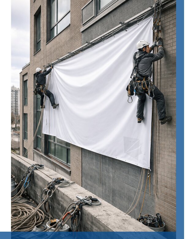 Монтаж баннеров на фасаде в Брянске от 699 р. заказать ВЫСОТНИК-Бнк