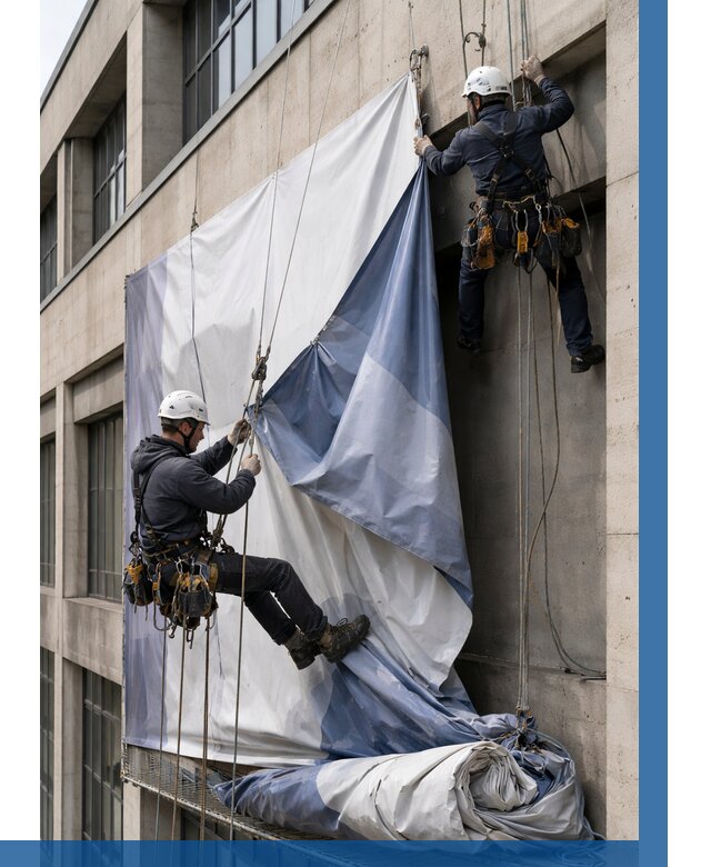 Демонтаж баннеров с фасада в Брянске от 4838 р. | ВЫСОТНИК-Бнк