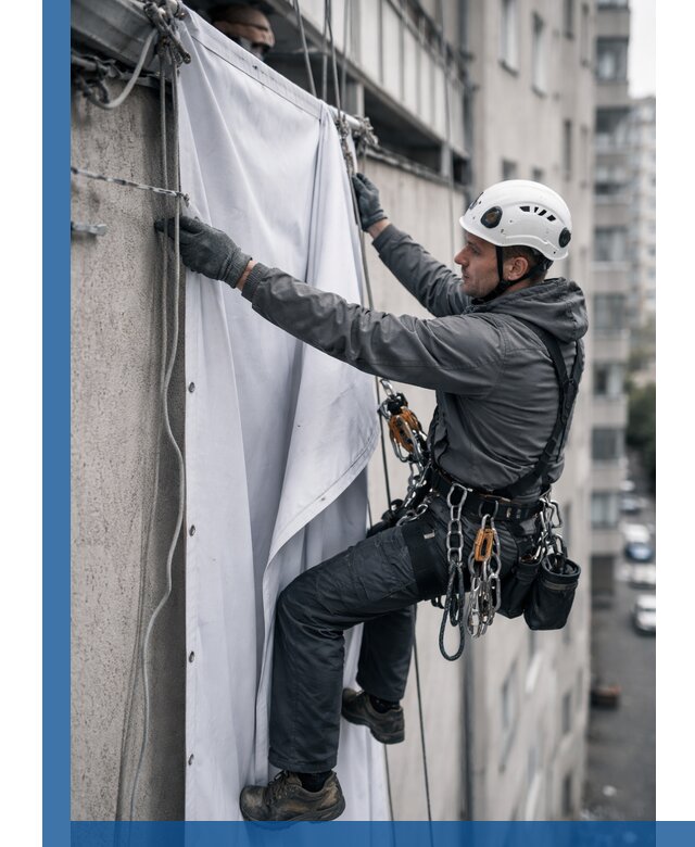 Замена баннерного полотна промышленными альпинистами в Брянске