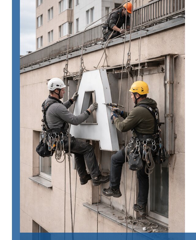 Ремонт и восстановление наружных вывесок на высоте в Брянске