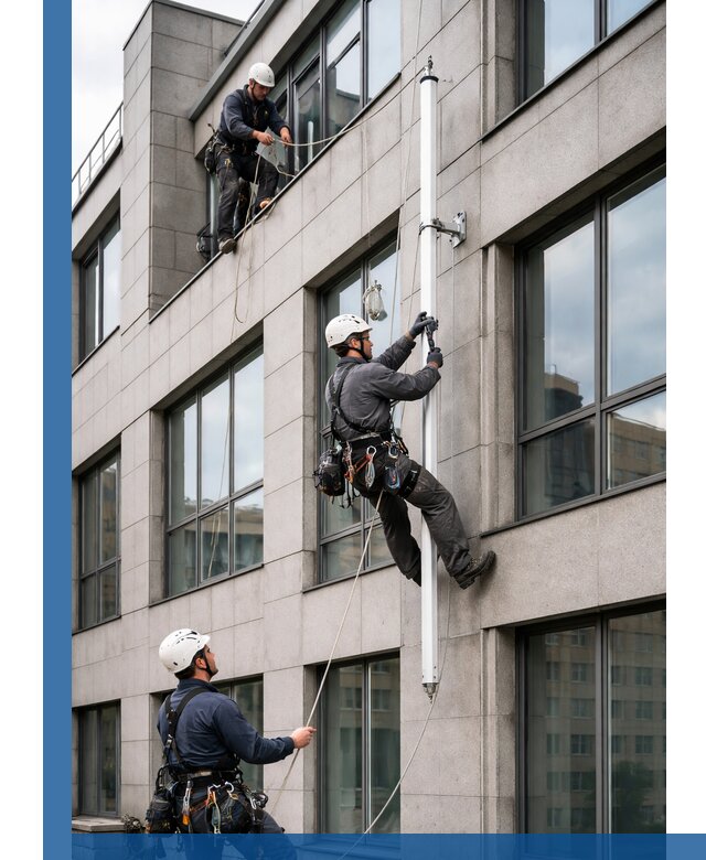 Монтаж флагштока на фасаде здания с креплением и герметикой в Брянске