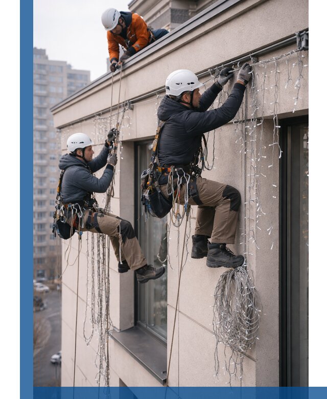 Монтаж праздничных гирлянд на фасаде в Брянске для зданий