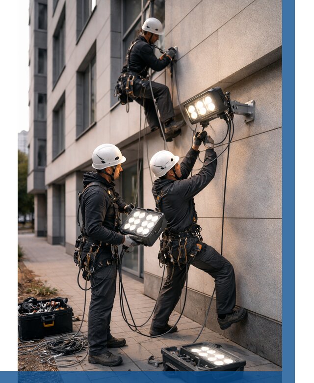 Монтаж прожекторов на фасаде в Брянске от 8063 р. | ВЫСОТНИК-Бнк