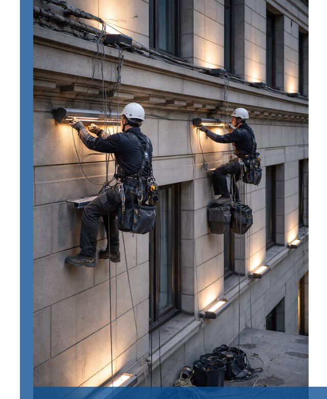 Монтаж архитектурной подсветки фасадов зданий в Брянске