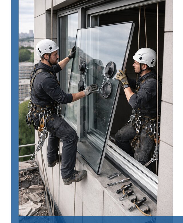 Замена стеклопакетов на высоте с промышленными альпинистами в Брянске