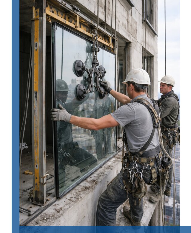 Монтаж стеклопакетов на высоте в Брянске с промышленным альпинизмом