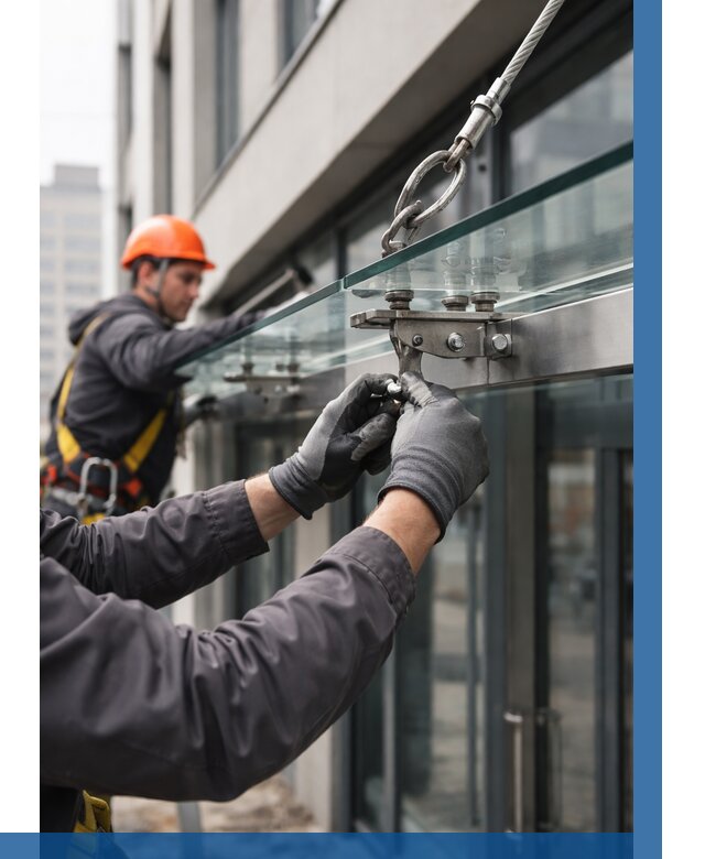 Монтаж стеклянных козырьков в Брянске от 9138 р. | ВЫСОТНИК-Бнк