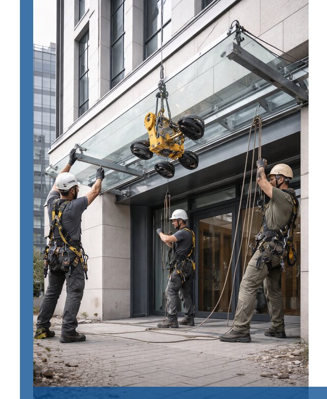 Монтаж стеклянных козырьков под ключ в Брянске для зданий