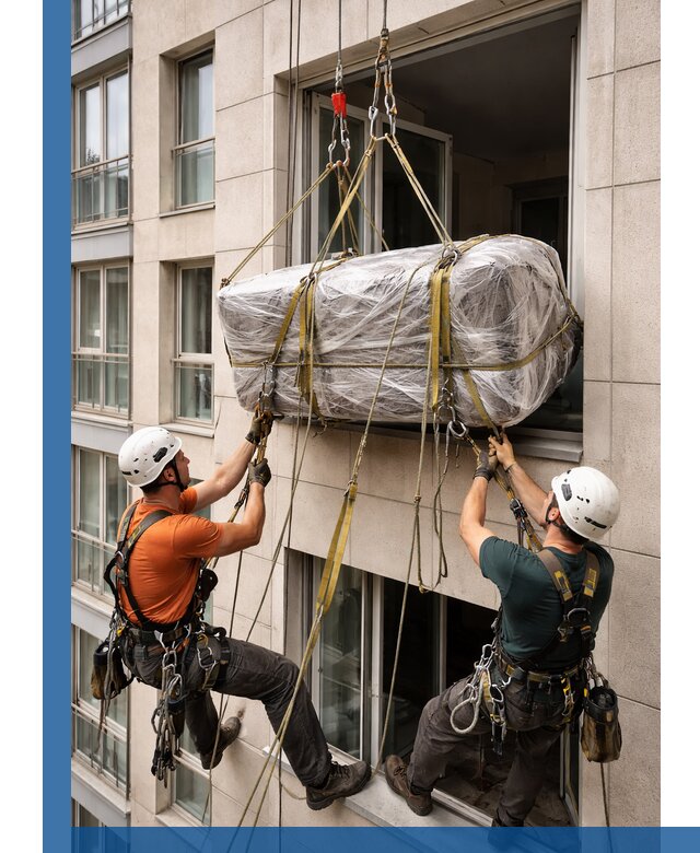 Подъем грузов через окно в Брянске промышленными альпинистами