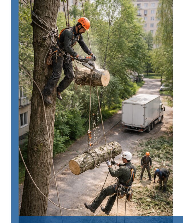 Спил деревьев альпинистами в Брянске, безопасно и без повреждений