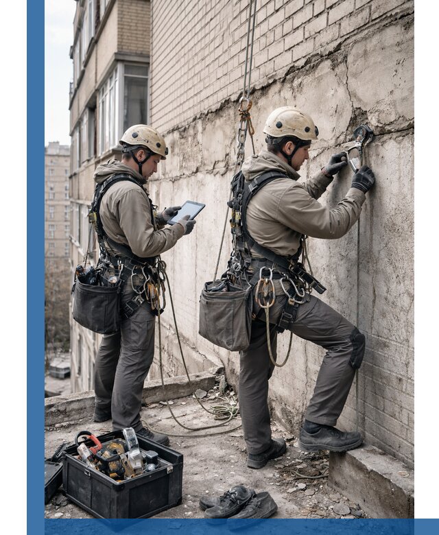 Обследование фасада промышленными альпинистами в Брянске